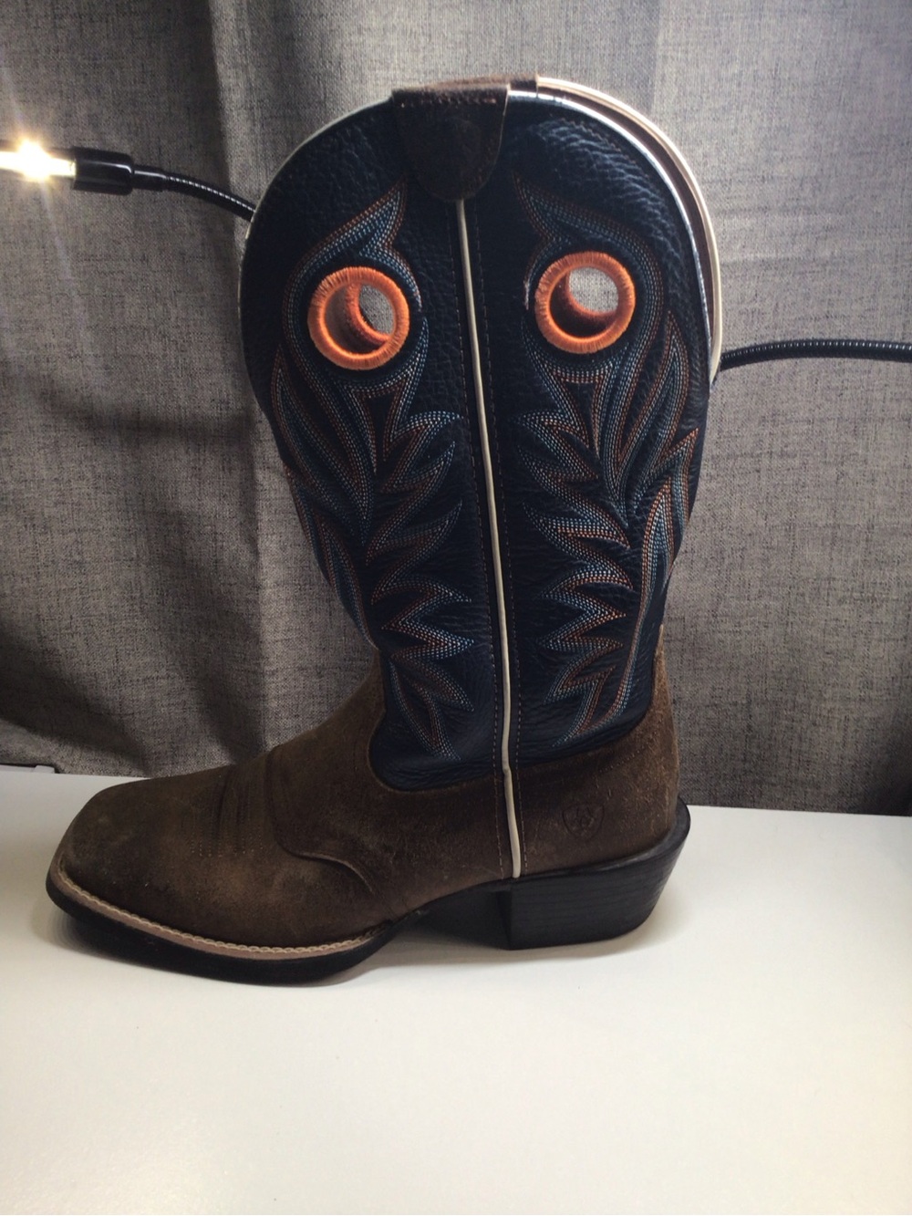 Ariat Brown Suede Foot Navy Shaft Western Pull-On Boots with Orange Trim